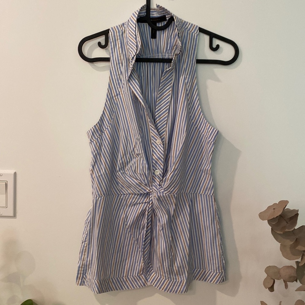 White and blue strapped BCBG Maxzaria blouse
